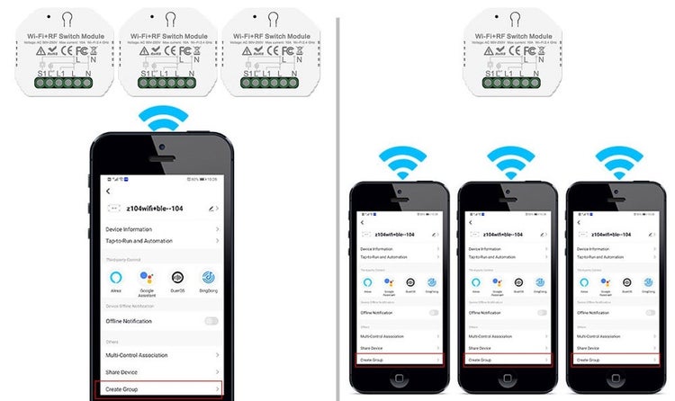 Tři Wi-Fi a RF spínací moduly s ovládáním přes aplikaci v chytrém telefonu pro chytrou domácnost.