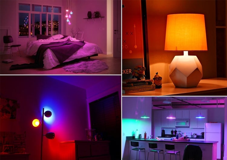 Osvětlení interiéru s různými chytrými LED žárovkami a svítidly pro individuální barevné uspořádání prostoru v ložnici a kuchyni.