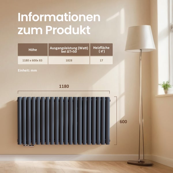 Informace o produktu: radiátor o rozměrech 1180 x 600 x 83 mm, topný výkon 1828 wattů, topná plocha 17 metrů čtverečních.
