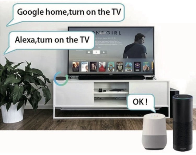 Chytré domácí hlasové ovládání televize pomocí reproduktorů Google Home a Amazon Alexa před televizí na komodě.