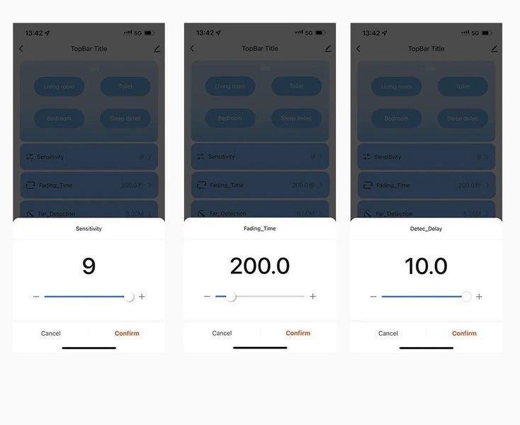 Tři zobrazení rozhraní aplikace Smart Home pro konfiguraci citlivosti, doby slábnutí a zpoždění detekce pro senzory.