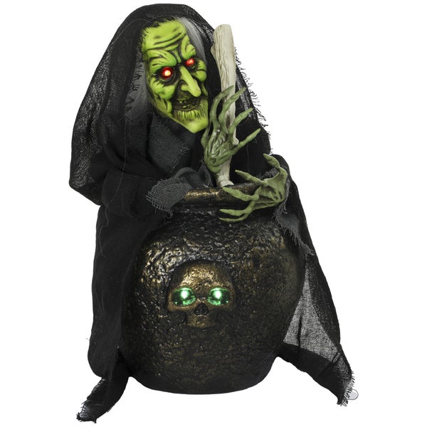 Animovana halloweenska carodejnice s kotlikem a sviticima ocima pro dekoraci