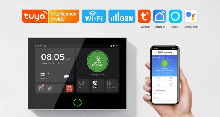 Chytrý domácí alarm s dotykovou obrazovkou a ovládáním aplikací, kompatibilní s Wi-Fi, GSM, Alexa a Google Home.