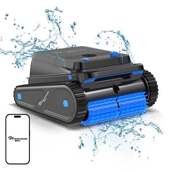 Černý bazénový robot Evercross Bot s modrými čisticími kartáči a pásovým pohonem, ovladatelný přes aplikaci v chytrém telefonu.