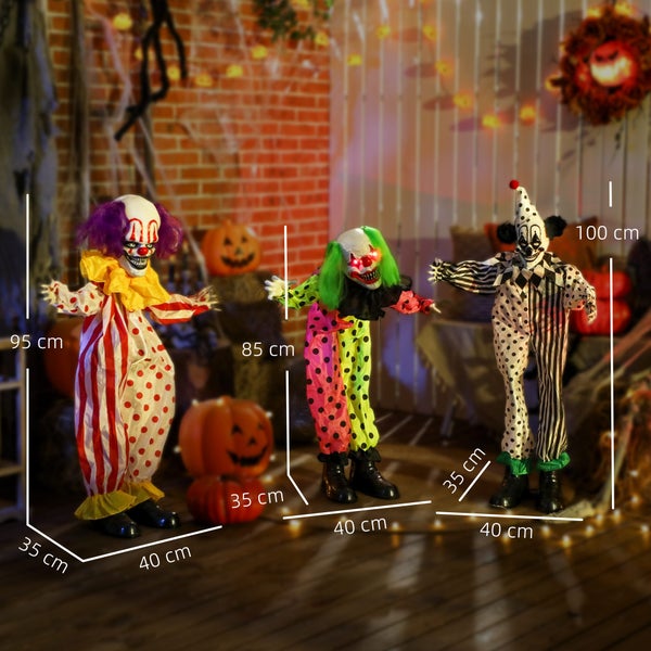Tři strašidelné halloweenské postavy klaunů se svítícíma očima a rozměry jako dekorace pro dům a zahradu.