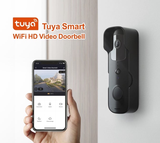 Tuya Smart WiFi HD video zvonek namontovaný na stěně se zobrazením na chytrém telefonu pro živý přenos.