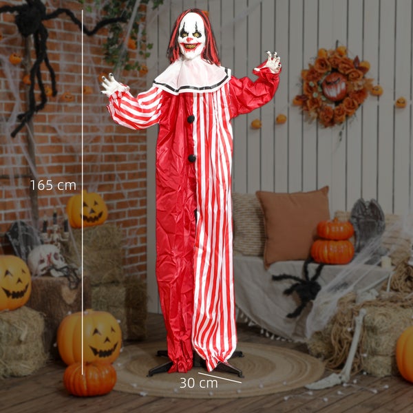Halloweenská dekorativní figurka klauna o velikosti 165 cm a šířce 30 cm.