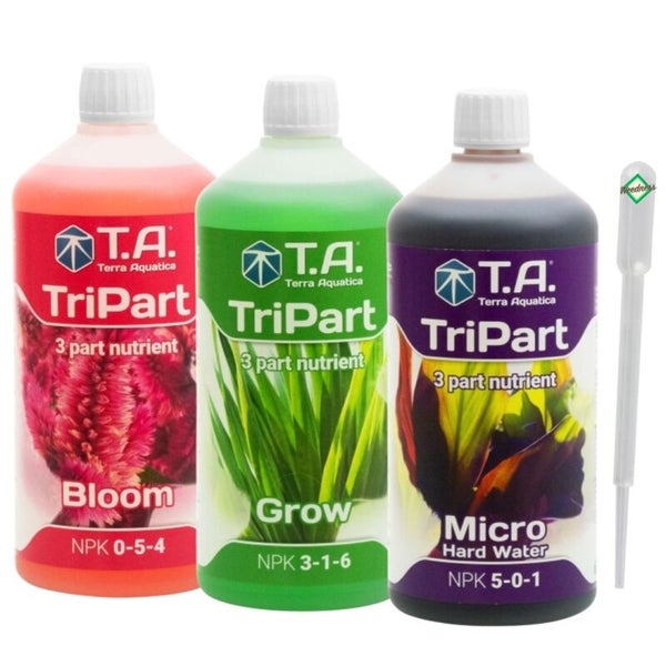 Tři lahve hnojiva Terra Aquatica TriPart sada Bloom Grow Micro s pipetou pro péči o rostliny a hnojení