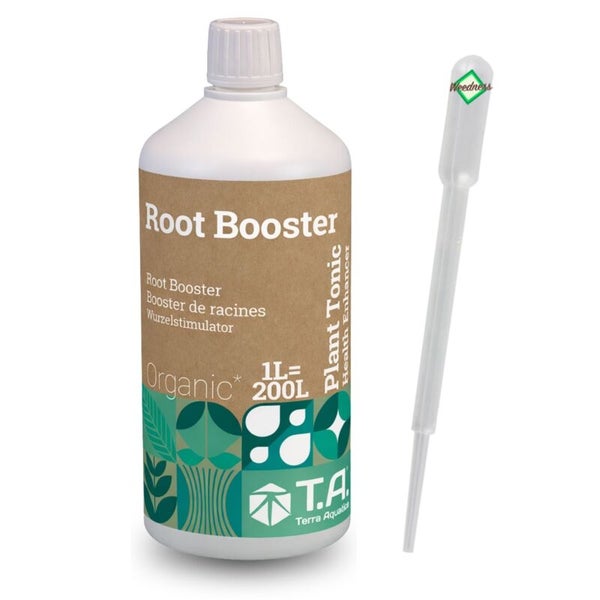 Stimulátor kořenů Terra Aquatica Root Booster v lahvi o objemu 1 litr s pipetou pro péči o rostliny.