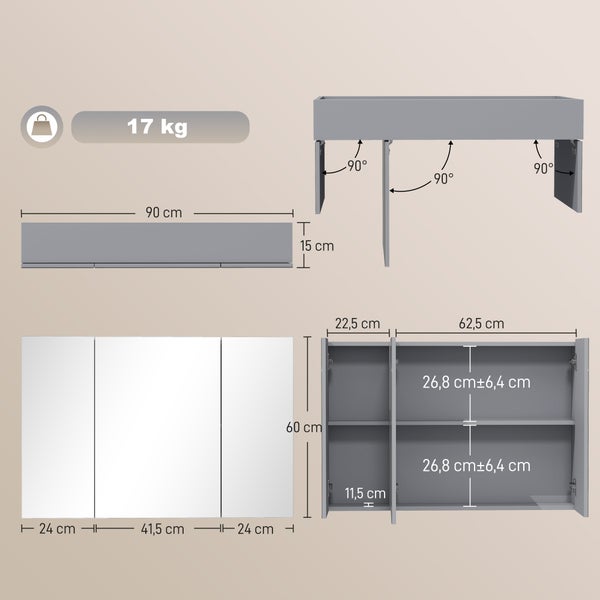 Rozměry třídveřové zrcadlové skříňky do koupelny: šířka 90 cm, výška 60 cm, hloubka 15 cm, hmotnost 17 kg, úhel otevření dveří 90 stupňů.