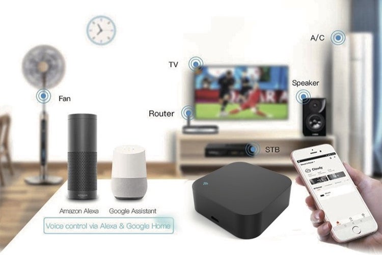 Chytrý domovní ovladač pro hlasové ovládání zařízení jako TV a klimatizace kompatibilní s Amazon Alexa a Google Assistant.
