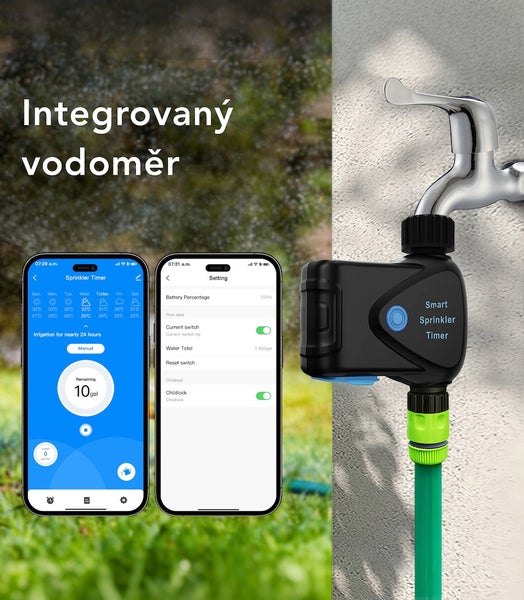 Chytrý zavlažovací počítač s integrovaným vodoměrem a ovládáním přes aplikaci připojený k vodovodnímu kohoutku se zahradní hadicí.