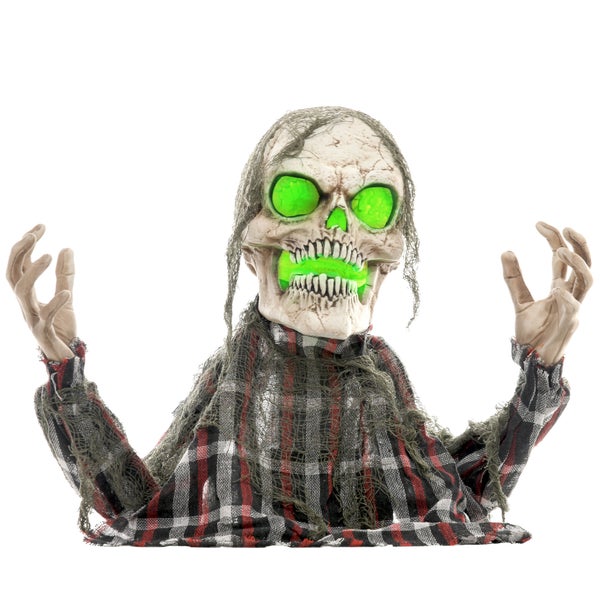 Halloweenská dekorativní figurka kostry s kostkovanou košilí a svítícíma očima