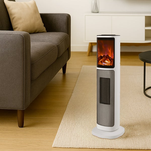 Pohled do pokoje s věžovým elektrickým topením se simulovaným ohněm v krbu.