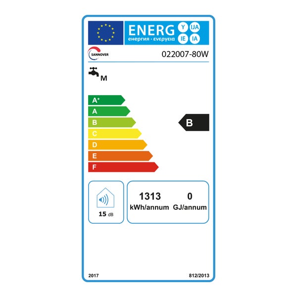 Energetický štítek pro Sannover 022007-80W, třída B, profil M, 1313 kilowatthodin ročně, 15 decibelů.