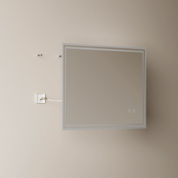 Obdélníkové koupelnové zrcadlo s LED osvětlením, dotykovým ovládáním pro světlo a funkcí proti zamlžování s elektrickým připojením na stěnu.