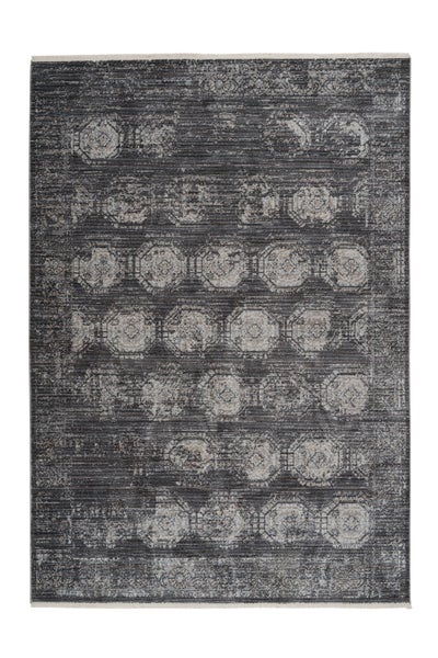 Obdélníkový koberec v šedé barvě s orientálním vzorem, vintage vzhled, krátký vlas.