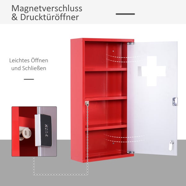 Kovová lékárnička se třemi policemi a systémem push to open s magnetickým uzávěrem pro snadné otevírání a zavírání.