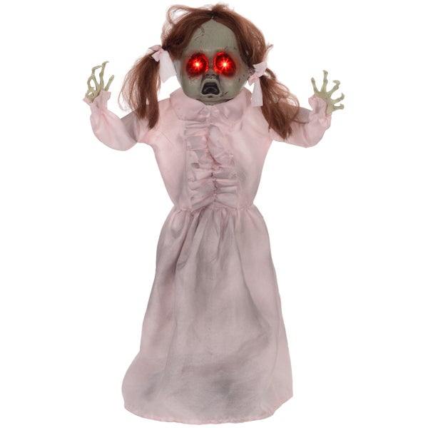 Dekorativní halloweenská figurka zombie panenky s červenýma očima a růžovými šaty