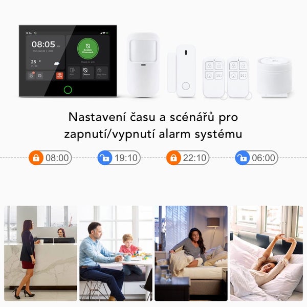 Chytrý domovní alarm se senzory a ovládacím panelem, ukazuje možnosti časového plánu pro automatickou aktivaci a deaktivaci během dne.