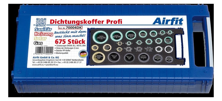 Kufr s těsněním Airfit Profi obsahující 675 kusů těsnění pro sanitární instalace, topení, solární systémy a plyn v pevném plastovém kufru.