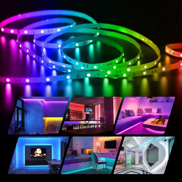 LED pásek s RGB osvětlením v různých obytných prostorech pro dekorativní design interiéru a nepřímé světlo.