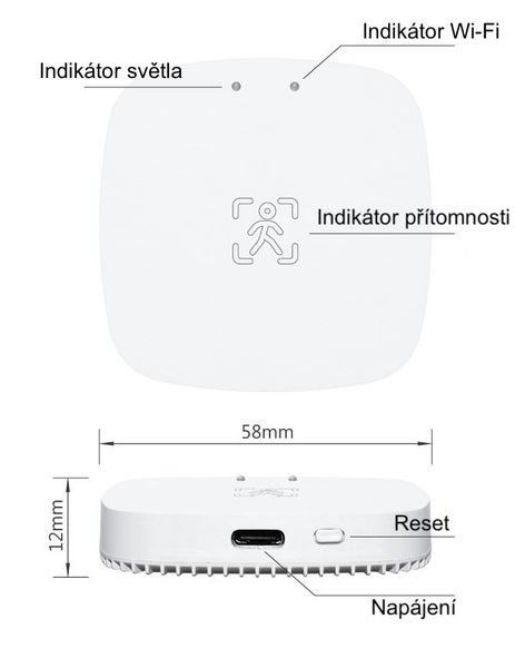 Inteligentní detektor přítomnosti s funkcí Wi-Fi, rozměry 58 krát 12 milimetrů, s tlačítkem reset a napájecím konektorem.