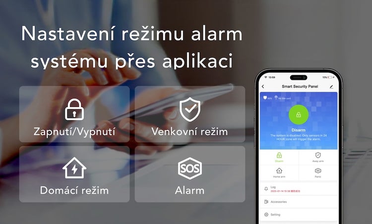 Mobilní aplikace pro chytrý zabezpečovací systém pro ovládání režimů alarmu, zapnutí, vypnutí, domácí režim, venkovní režim a funkci SOS.