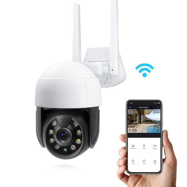 Wi-Fi bezpečnostní kamera pro venkovní použití s ovládáním přes aplikaci a dvěma anténami pro video dohled.