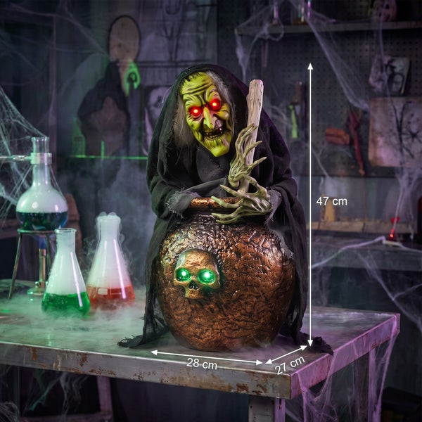 Halloweenska dekorativni figurka jezibaby s kotlem a LED osvetlenim, vyska 47 cm, sirka 28 cm, hloubka 27 cm, idealni pro strasidelnou vyzdobu.