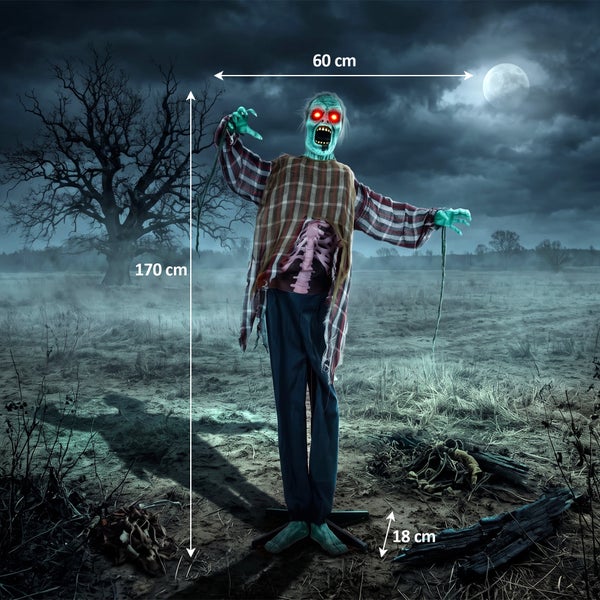 Animovaná halloweenská dekorace zombie se svítícíma očima, vysoká 170 centimetrů, ideální pro strašidelné zahradní dekorace.