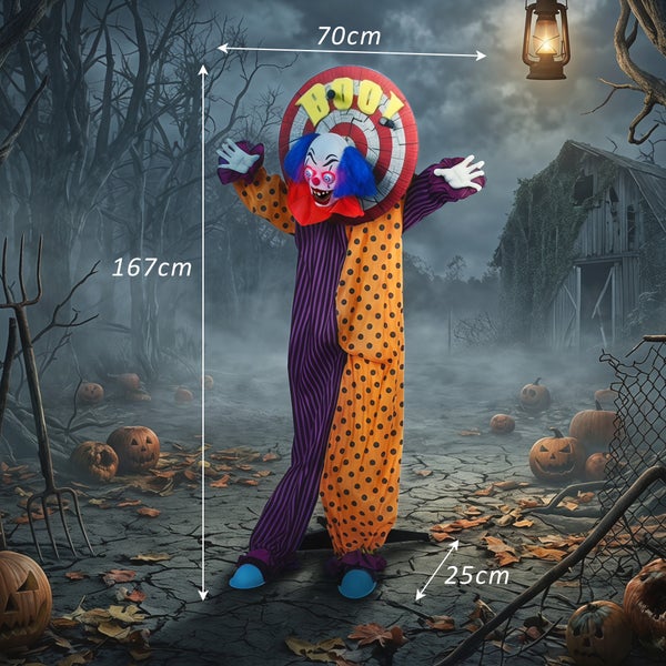 Animovaná dekorativní figurka klauna na Halloween s osvětlením, výška 167 cm, ideální jako strašidelná dekorace pro venkovní prostory.