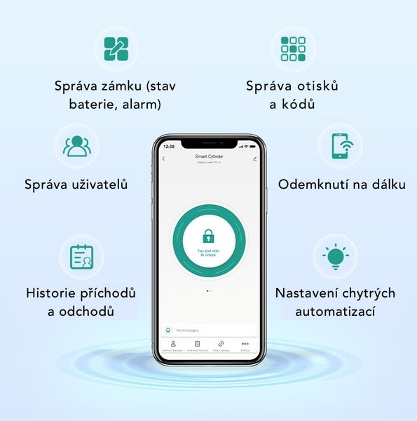 Mobilní aplikace pro správu chytrého zámku s funkcemi správy uživatelů, otisků, kódů, historie příchodů a vzdáleného odemykání.