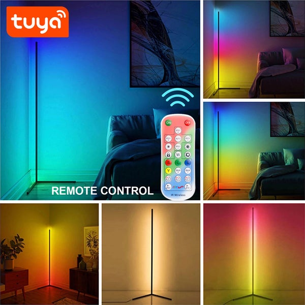 Moderní LED stojací lampa s logem Tuya, dálkovým ovládáním a RGB změnou barev pro dekorativní osvětlení v obývacím pokoji.