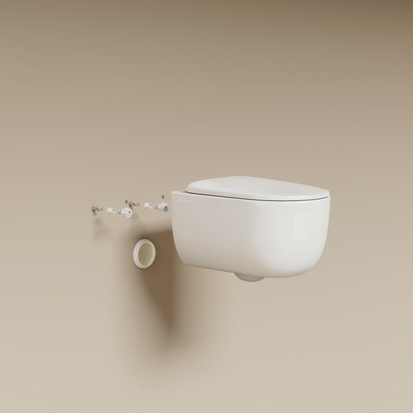 Závěsné WC s montážní sadou a odpadem pro instalaci na stěnu.