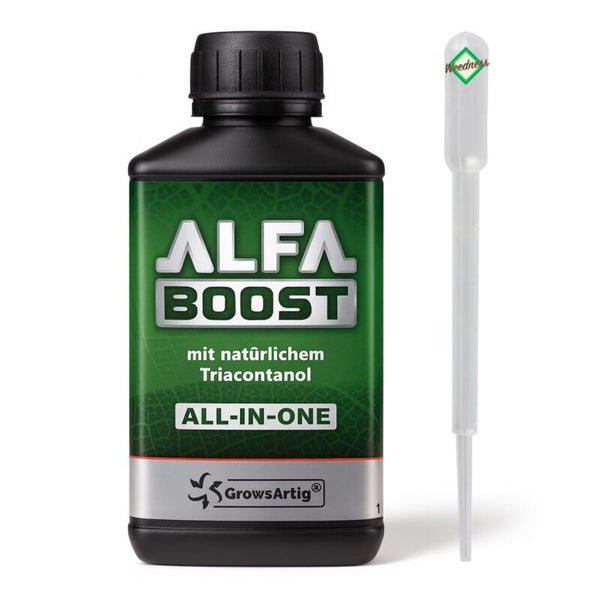 Hnojivo pro rostliny Alfa Boost All In One s triacontanolem v plastové láhvi s kapátkem