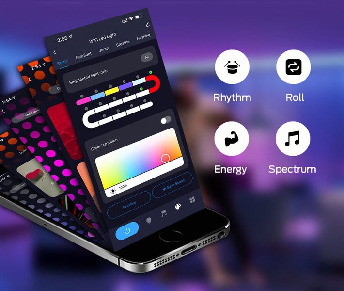 Smartphone zobrazuje aplikaci pro ovládání LED pásků s různými režimy osvětlení jako rytmus, roll, energie a spektrum.