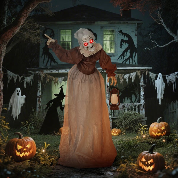 Dekorativní halloweenská scéna s animovanou babičkou, dýněmi a strašidelným domem