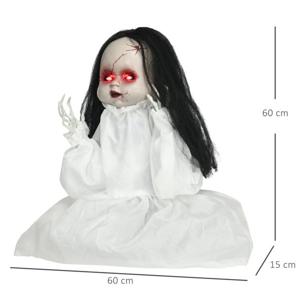 Halloweenská dekorace strašidelná panenka se svítícíma očima, rozměry 60x60x15 cm