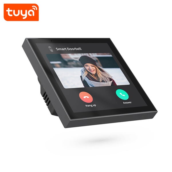 Logo Tuya, chytrý video zvonek s dotykovým displejem pro komunikaci u dveří a video monitoring.