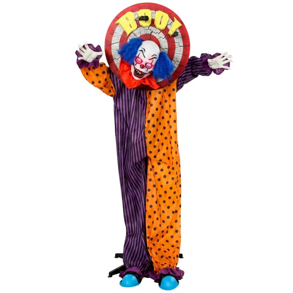 Animovaná halloweenská dekorace děsivý klaun s terčem nápis Boo a svítícíma očima