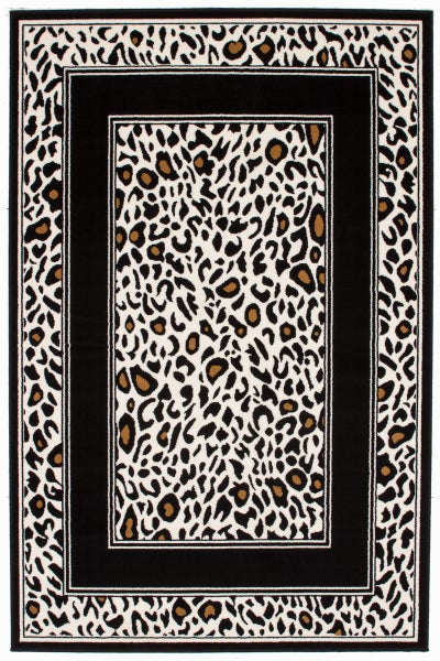 Obdélníkový koberec s leopardím vzorem a černým okrajem.