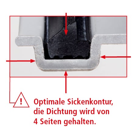 Detailní pohled na těsnění v kontuře drážky se čtyřstranným upevněním pro optimální utěsnění.