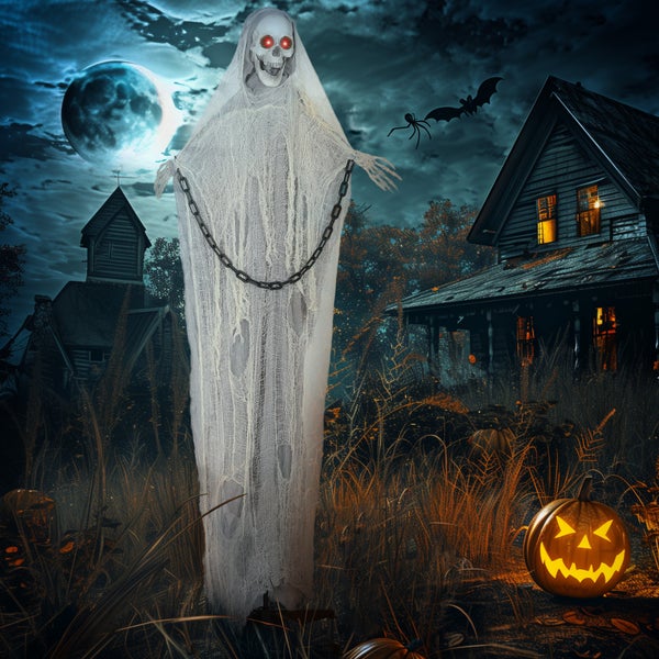 Dekorativní halloweenská scéna s duchem, dýněmi a strašidelným domem v pozadí.