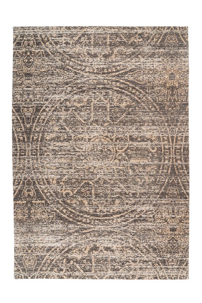Obdélníkový koberec s orientálním vintage vzorem a kulatými ornamenty v šedé a hnědé barvě.