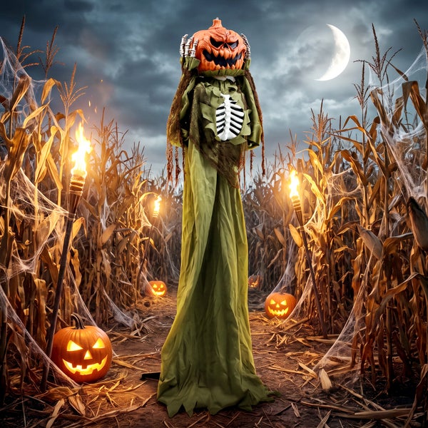 Halloweenská dekorace figurka dýňového ducha v kukuřičném poli s hořícími pochodněmi a pavučinami za měsíčního svitu
