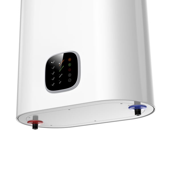 Bílý elektrický ohřívač vody s digitálním displejem pro nastavení teploty mezi 40 a 80 stupni Celsia a různými režimy.