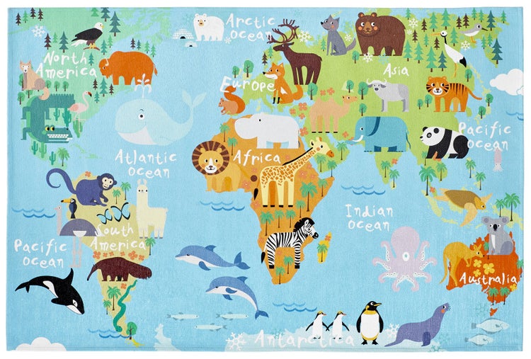Dětský koberec s barevnou mapou světa a ilustracemi zvířat na kontinentech a v oceánech.