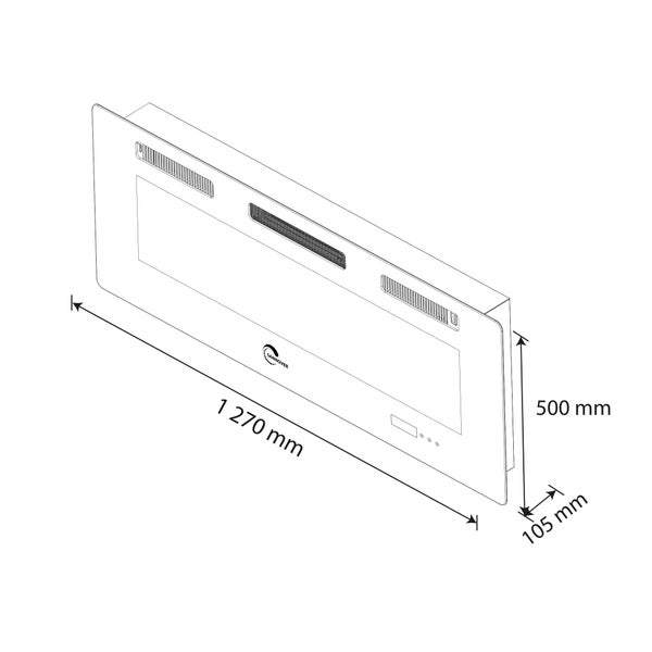 Technický výkres topného zařízení o rozměrech 1270 mm délka, 500 mm výška a 105 mm hloubka.