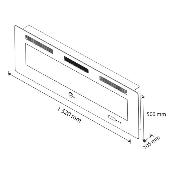 Obrázek elektrického krbu o rozměrech 1520 mm šířka, 500 mm výška a 105 mm hloubka.